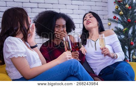 Closeup Photo Of Cheerful Girls Celebrating A Party At Home With Campaign.