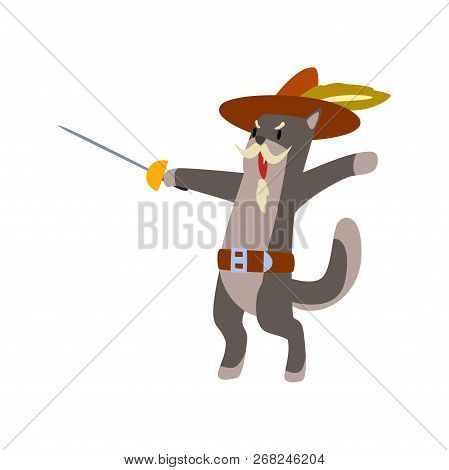 Warlike Musketeer Cat Character Fighting With Sword Vector Illustration On A White Background