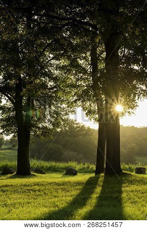 Low Setting Sun In Green Park Casting Long Shadows. Chapel Of Gods Mother By The Veveri Castle Brno 