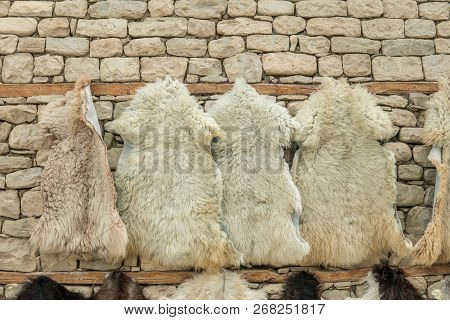 Animal Fur Hanged Up For Sale At An Asian Bazaar.