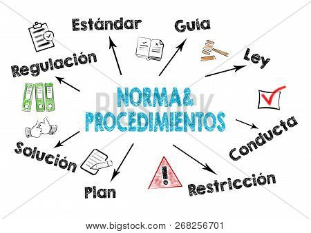Policies And Procedures, Norma Y Procedimientos In Spanish. Chart With Keywords And Icons On White B