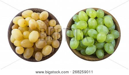 Green And Yellow Grapes Kishmish. Top View. Grapes In A Wooden Bowl Isolated On White Background. Ve