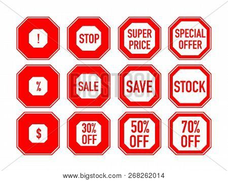 Set Of Marketing Markers. Sale, Clearance, Stock, Super Price, Discount, Special Offer, 30%, 50%, 70
