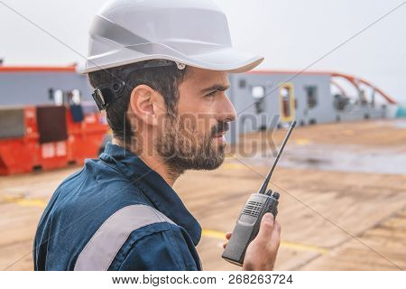 Marine Deck Officer Or Chief Mate On Deck Of Vessel Or Ship