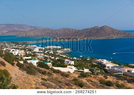 Panoramic view at Mirabello bay and town of Elounda, Crete. Greece