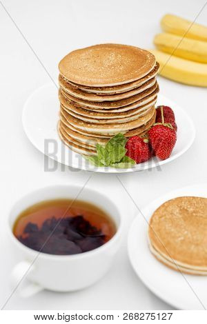 Homemade Pancakes With Fresh Strawberries And Honey. Pancakes For Breakfast.gluten-free: Pancake Wit