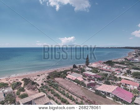 Aerial View Of Granelli Beach, A Seaside Place In Sicily. The Shot Is Taken In A Beautiful Sunny Sum