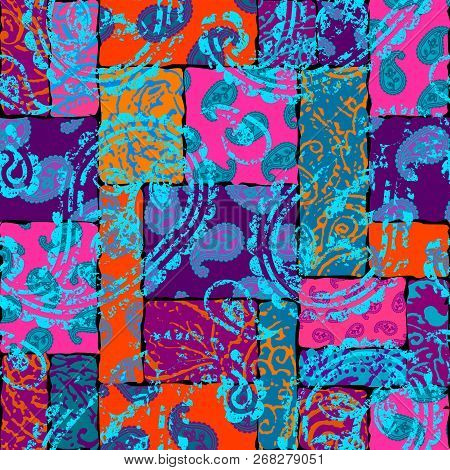Patchwork Pattern With Paisley Ornament Patterns. Bright Magenta And Orange Colors.