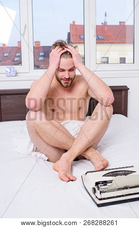 Writer Tired Desperate Author Used Old Typewriter. Man Writer Sit Bedclothes Work Book. Need Some Fr