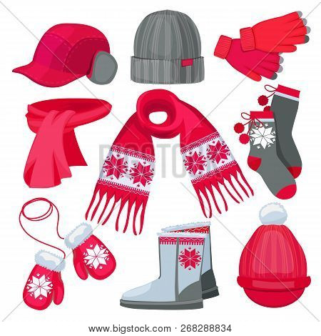Winter Clothes. Hat Cap Scarf Mittens Fur Christmas Fashion Clothes Isolated On White Vector Collect