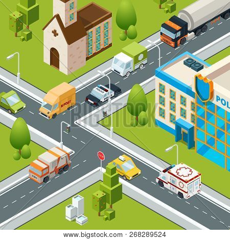 City Crossroad Traffic. Intersects Cars Moving Crossing Road Safety Zebra Symbols Isometric Urban La