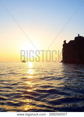 View At Sunset Of Strombolicchio, The Little Island Near Stromboli, With Its Characteristic Horse He