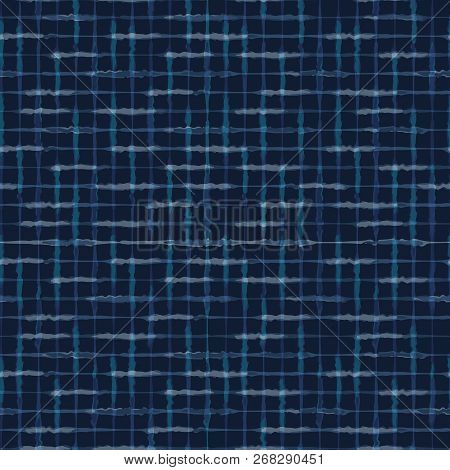 Hand Drawn Check Pattern Seamless Vector Pattern. Indigo Blue Grunge Grid