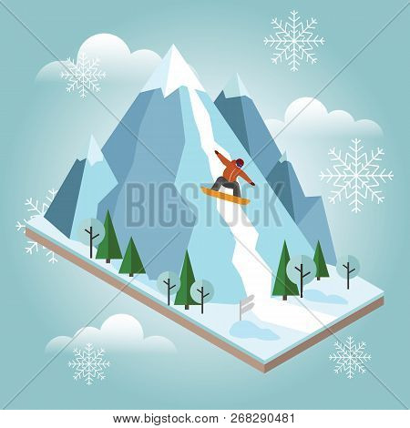 Isometric Vector Man Pulls Off The Mountain. Snowboarding, Winter Sport. Olimpic Games, Recreation L