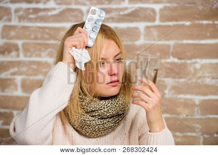 Girl Suffer Fever And Take Medicine. Headache And Fever Remedies. Take Medications To Reduce Fever. 