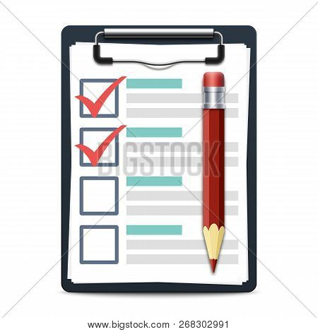 Clipboard With Attached Checklist Or Task List And Pencil. Realistic Vector Illustration Isolated On