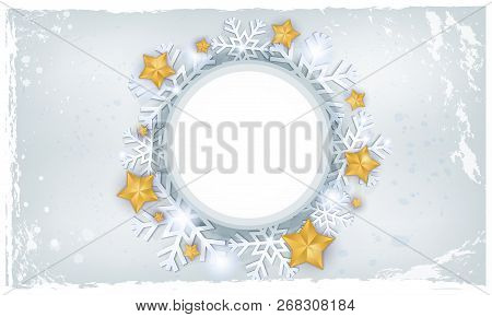 Snowflakes In Circle - Merry Christmas Concept Card. Grunge Style.