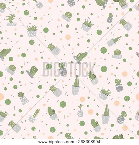 Vector Cactus Seamless Patternt.  Houseplant Background In Doodle Style.