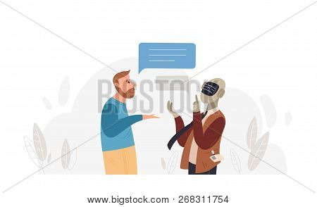Bearded Man Speaking To Robot Isolated On White Background. Conversation Between Guy And Android. Co