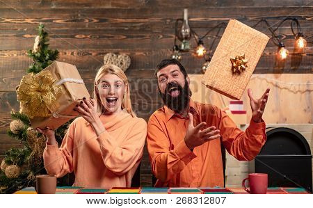 Happy Family Preparing To New Year. Christmas Holiday Party. New Year Gift. Gift Emotions Concept. G