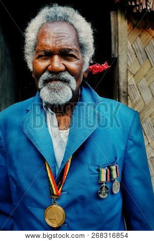 Walarano Village, Malekula Island / Vanuatu - 9 Jul 2016 : Independence Fighter Local Senior Man Dur