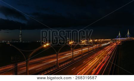 Saint-petersburg, Russia - October 19, 2018: Time Lapse Evening Highway, Western High-speed Diameter