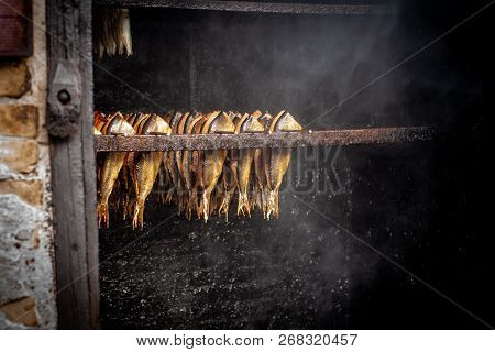 Fish Processing Plant. Fish Of Cold (hot) Smoked. Smoked Fish In Smokehouse Box.  Close Up Smoking P