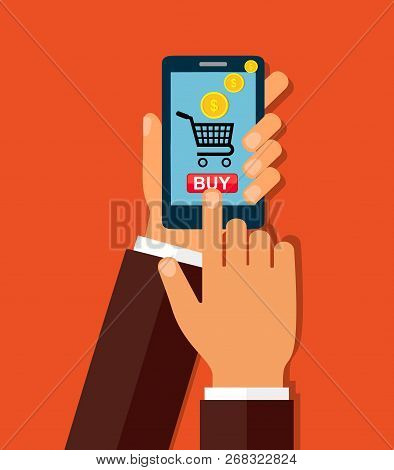 Hand Holing Smart Phone With Buy Button On The Screen. E-commerce Flat Design Concept. Vector Stock 