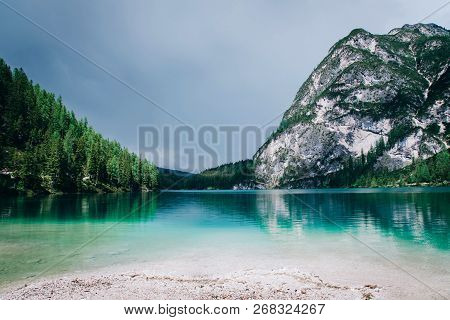 Beautiful View Of Lago Di Braies Or Pragser Wildsee, Trentino Alto Adidge, Dolomites Mountains, Ital