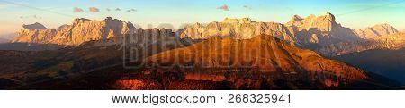 Evening Sunset Colored Panoramic View Of Alps Dolomites Mountains From Col Di Lana, Tofana, Fanes An