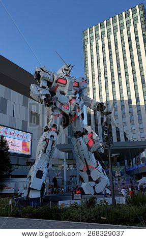 Tokyo, Japan - August 2018: Unicorn Gundam Statue Life Size Standing Front Of Diver City Plaza Tokyo