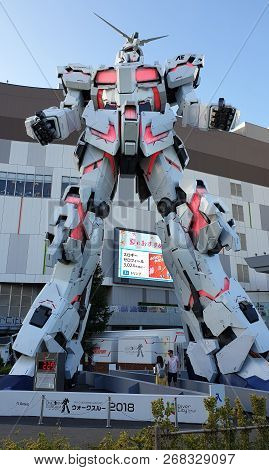 Tokyo, Japan - August 2018: Unicorn Gundam Statue Life Size Standing Front Of Diver City Plaza Tokyo