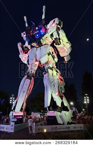 Tokyo, Japan - August 2018: Unicorn Gundam Statue Life Size Standing Front Of Diver City Plaza Tokyo