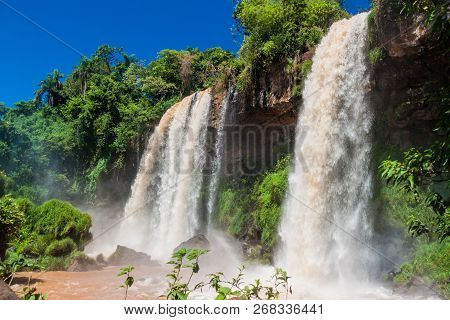Waterfall Dos Hermanas Two Sisters At Iguacu Iguazu Falls On A Border Of Brazil And Argentina