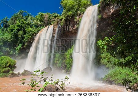 Waterfall Dos Hermanas Two Sisters At Iguacu Iguazu Falls On A Border Of Brazil And Argentina