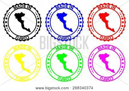 Made In Corfu - Rubber Stamp - Vector, Corfu(kerkyra) Map Pattern - Black, Blue, Green, Yellow, Purp