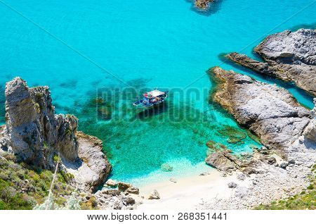 Fishing Yacht Boat With Shadows On Bottom Sail Drift Park In Amazing Tropical Lagoon Blue Azure Turq