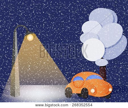 Winter Walk By Car. Night Road And Lantern.