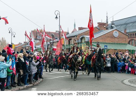 Gdansk, Poland - November 11, 2018: Men On Horses In Historical Uniforms For 100th Anniversary Of Re