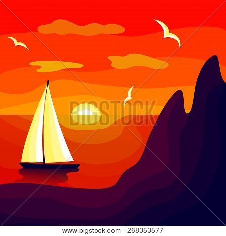 Sea Voyage At Sunset Along The Rocky Shore