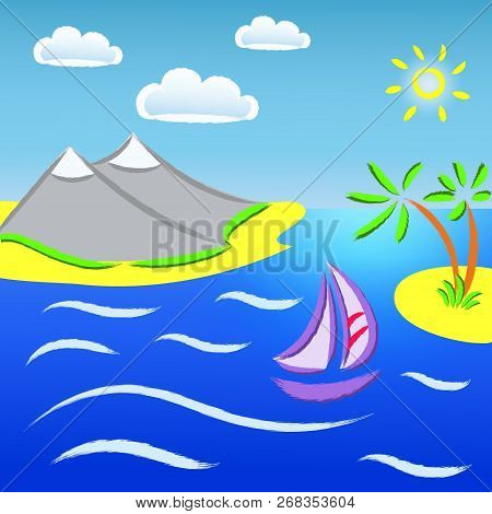 Sea Adventure In The Tropics. Brush Drawing.