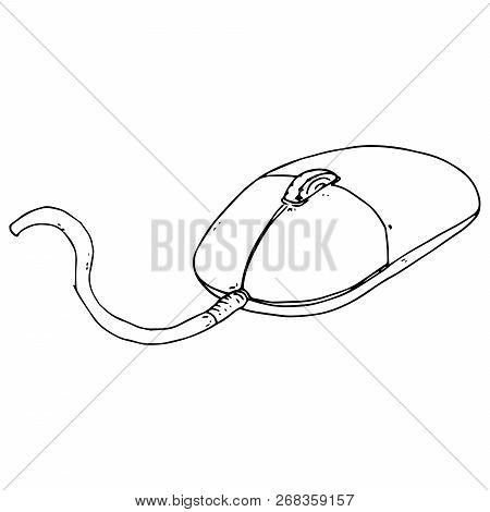 Hand Drawn Computer Mouse With A Scroll Wheel. Mouse Type Manipulator. Vector Illustration.