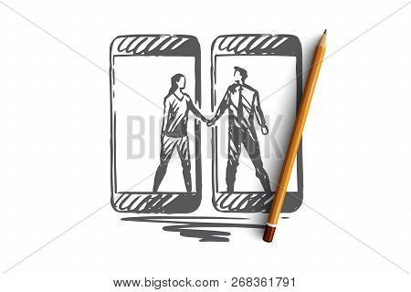 Friends, Mobile, Network, Connection, Gadget Concept. Hand Drawn Friends Communicate Through Mobile 