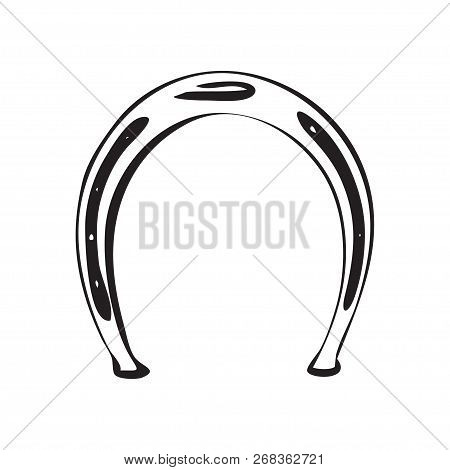 Hand Drawn Horseshoe. Retro Horse Metal Shoe Vector Illustration. Black Isolated On White Background