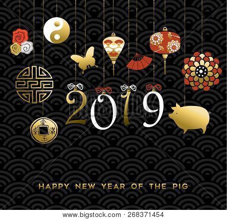Chinese New Year Of The Pig Greeting Card With 2019 Holiday Date Sign In Hand Drawn Typography And G