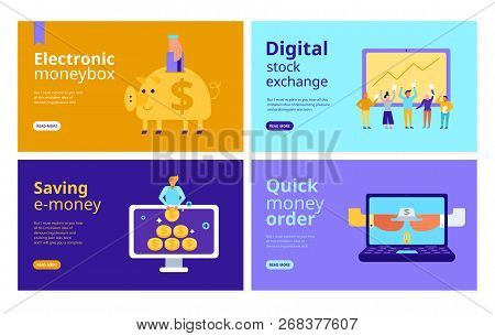 Finance Set Of Banners With Digital Stock Exchange Online Remittance Electronic Piggy Bank Isolated 