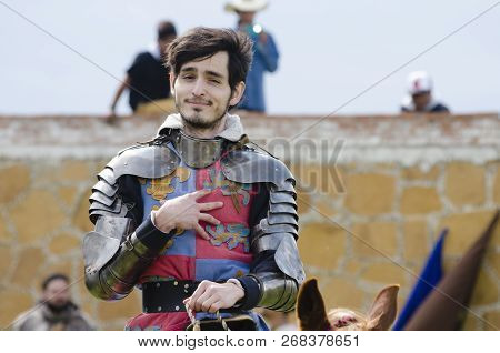 Tlaxcala, Mexico- September 29, 2018: Portrait Of A Young Knight Smiling At The Audience During Medi
