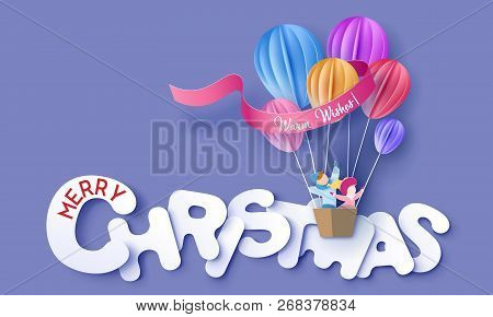 Merry Christmas Design Card With Kids Flyin
