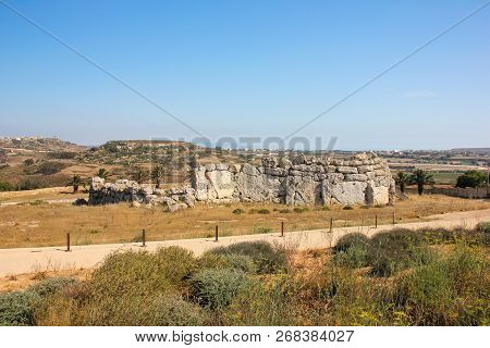 Panoramic View Of Ggantija Temples And Island Gozo, Malta In Sunny Day