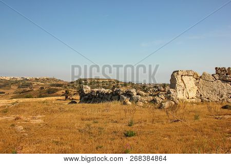 Panoramic View Of Ggantija Temples And Island Gozo, Malta In Sunny Day. Dry Grass Enviromnent